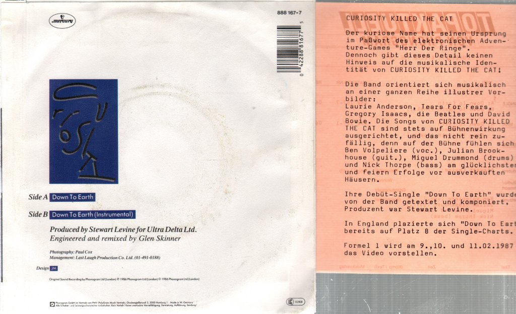 Curiosity Killed The Cat - Down To Earth - 7 Inch