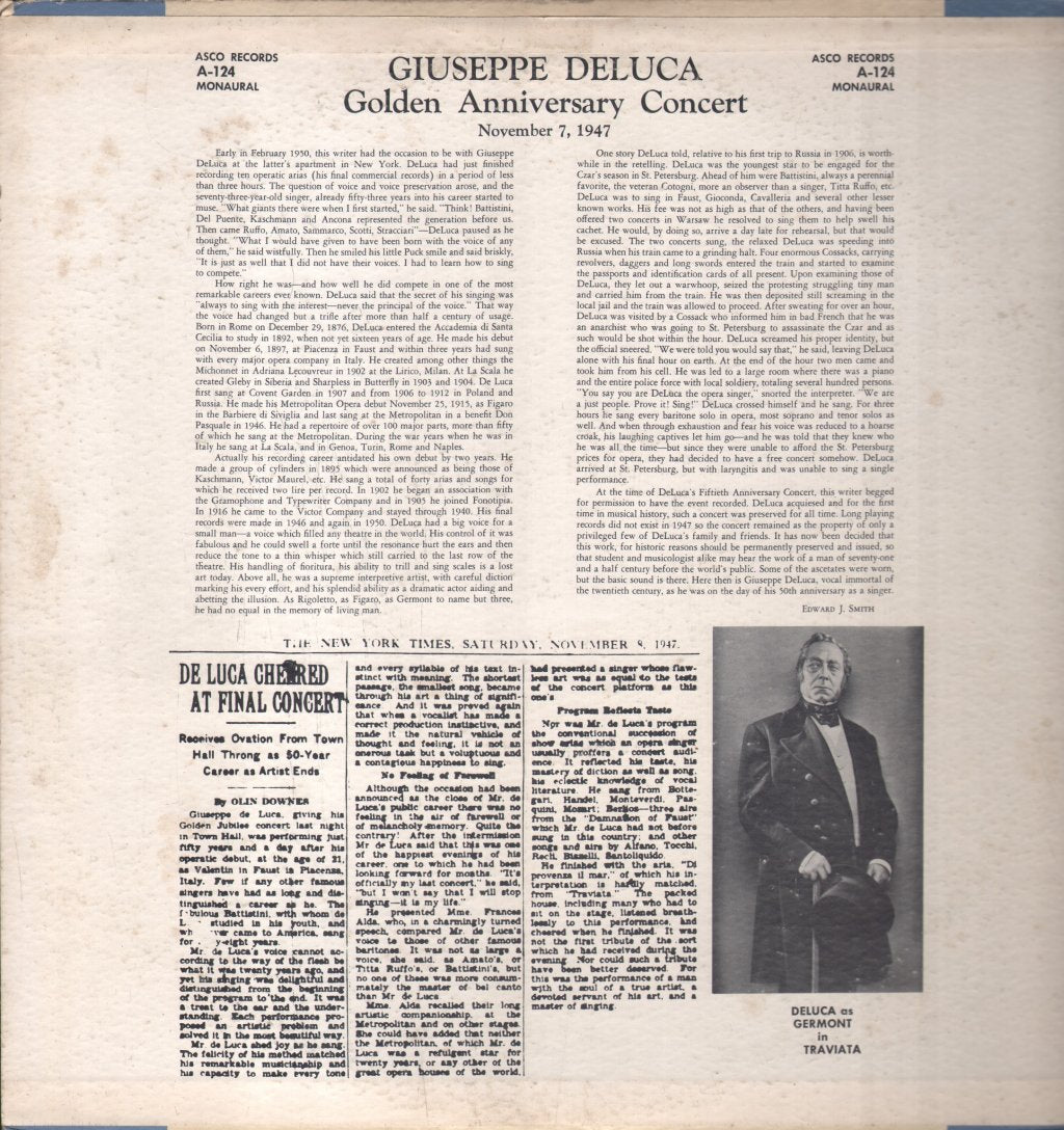Giuseppe De Luca - Golden Jubilee Concert - Town Hall, 7 November 1947 - Lp