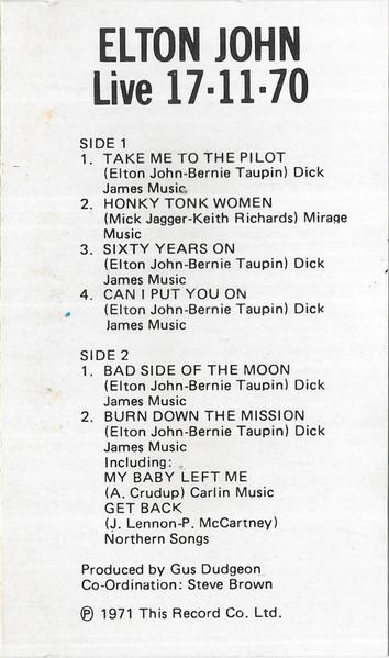 Elton John - Elton John Live 17-11-70 - Cassette