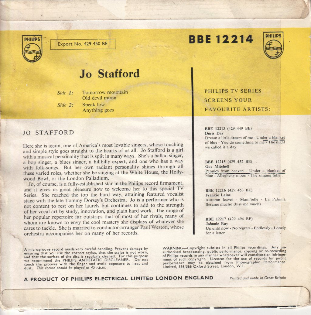 Jo Stafford - Tomorrow Mountain - 7 Inch