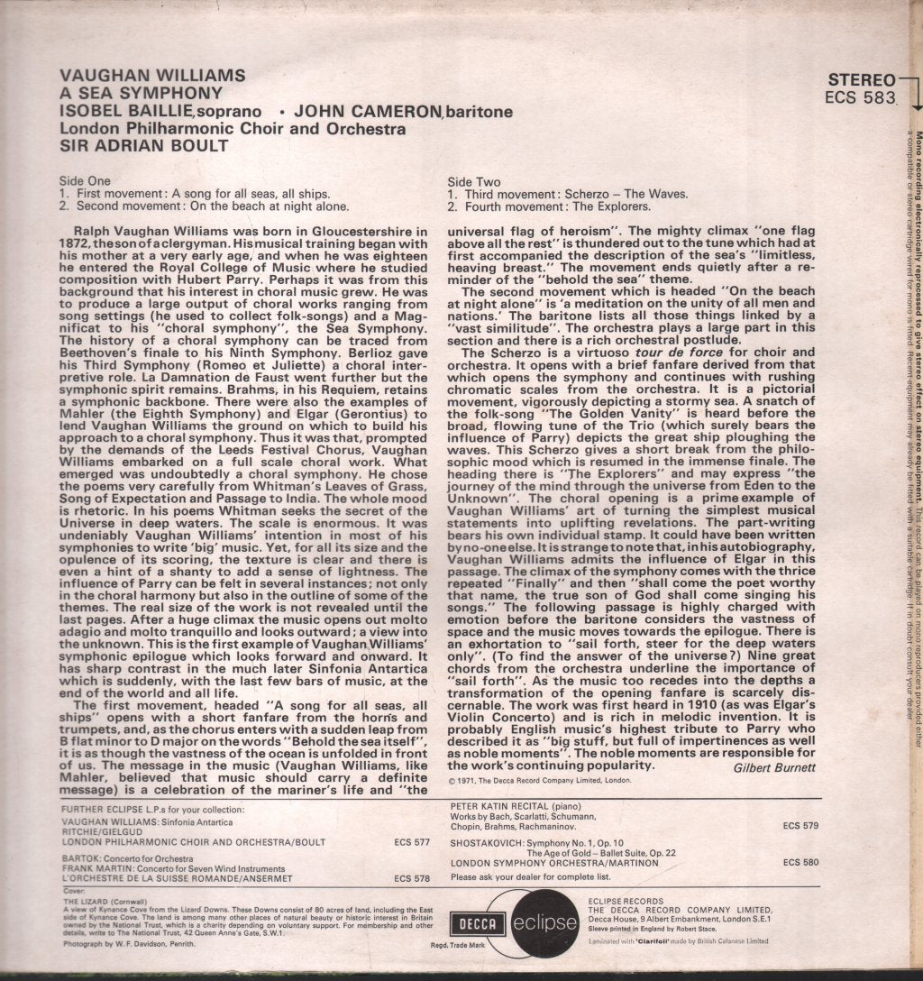 Sir Adrian Boult / Isobel Baillie / John Cameron - Vaughan Williams - A Sea Symphony - Lp