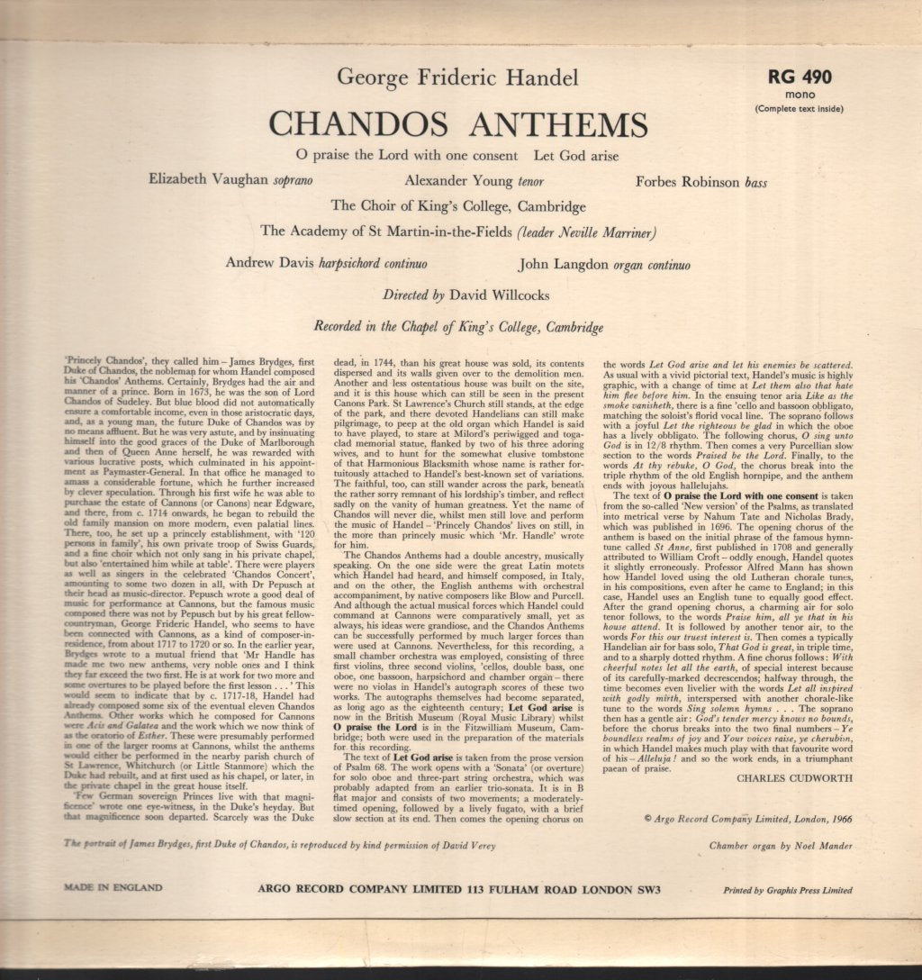 Elizabeth Vaughan / Alexander Young / Forbes Robinson / ASMF / David Willcocks - Handel - Chandos Anthems - Lp