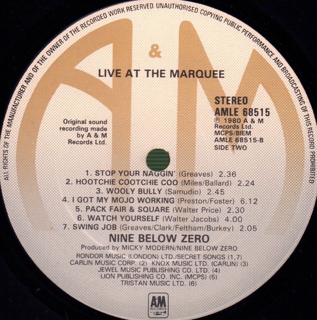 Nine Below Zero - Live At The Marquee - Lp