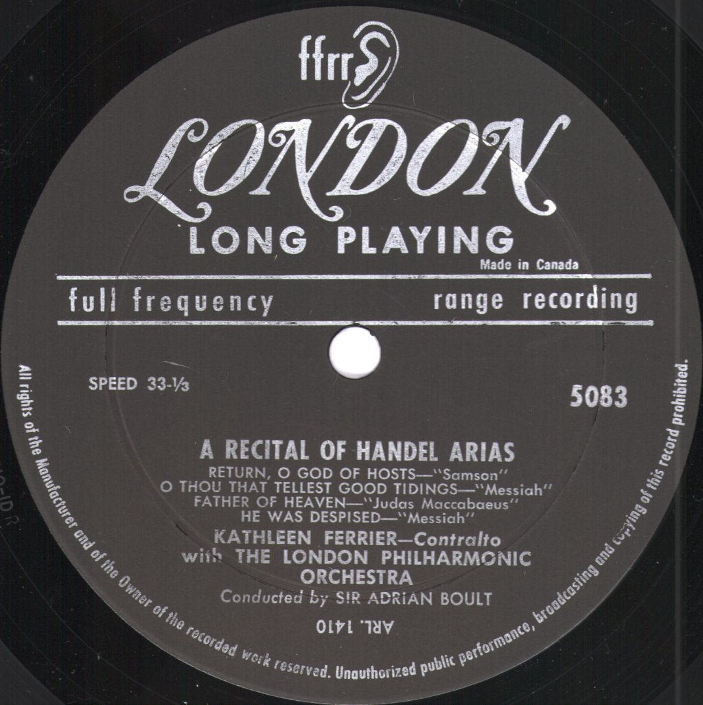 Kathleen Ferrier / London Philharmonic Orchestra / Sir Adrian Boult - A Recital Of Bach And Handel Arias - Lp