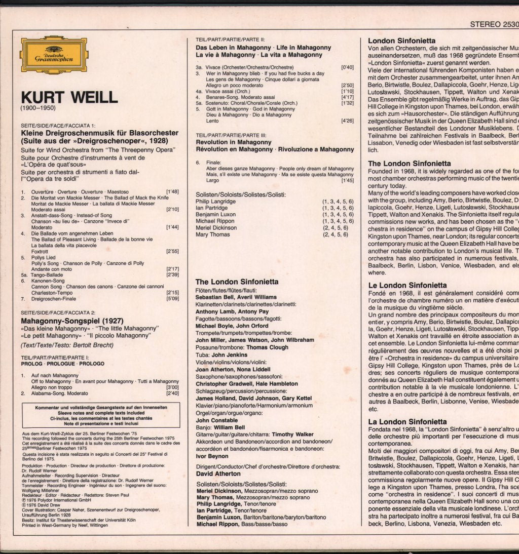 London Sinfonietta / David Atherton - Kurt Weill - Kleine Dreigroschenmusik / Mahagonny Songspiel - Lp