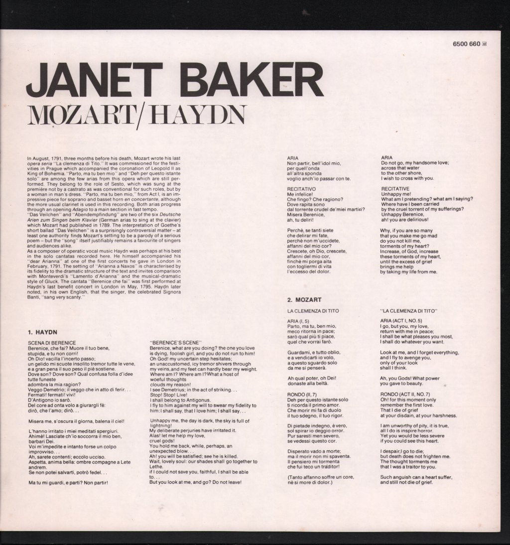 Janet Baker / Raymond Leppard English Chamber Orchestra - Mozart Arias - La Clemenza Di Tito / Haydn - Arianna - Lp