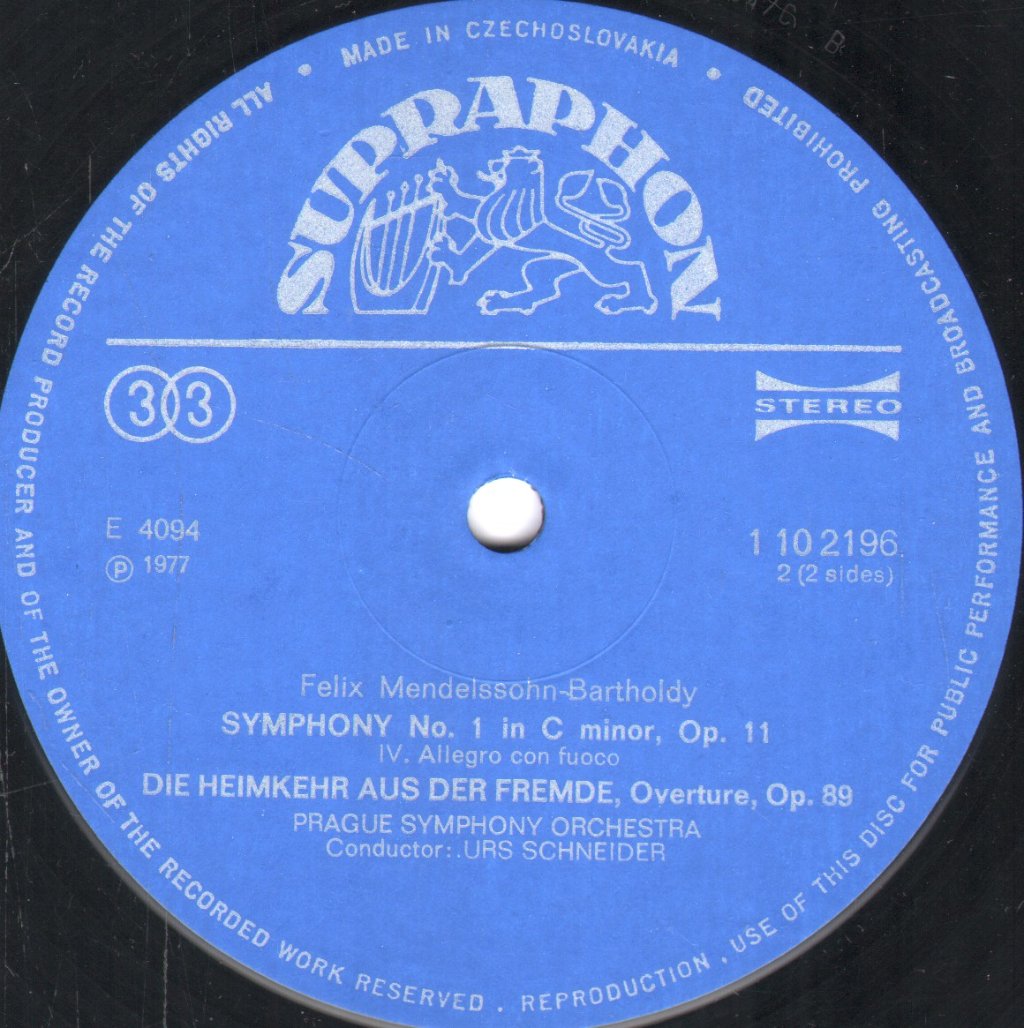 Prague Symphony Orchestra / Urs Schneider - Mendelssohn Symphony No.1 In C Minor / Heimer Aus Der Fremde Overture - Lp