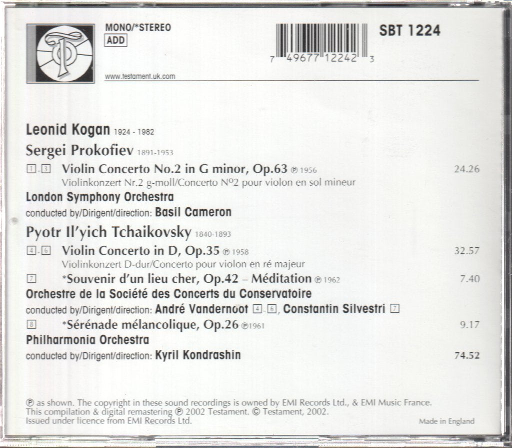 Leonid Kogan - rokofiev, Tchaikovsky -Violin Concerto No.2 - Violin Concerto - Méditation - Sérénade Mélancolique - Cd