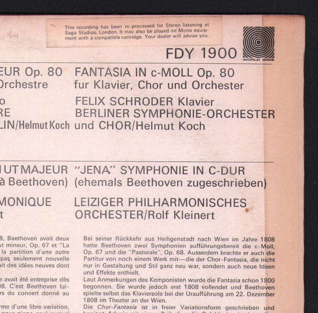 Berlin Symphony Orchestra / Helmut Koch / Leipzig Philharmonic Orchestra / Rolf Kleinert - Beethoven - Fantasia in C Minor Op 80 / J.F.Witt - Jena Symphony in C Major - Lp