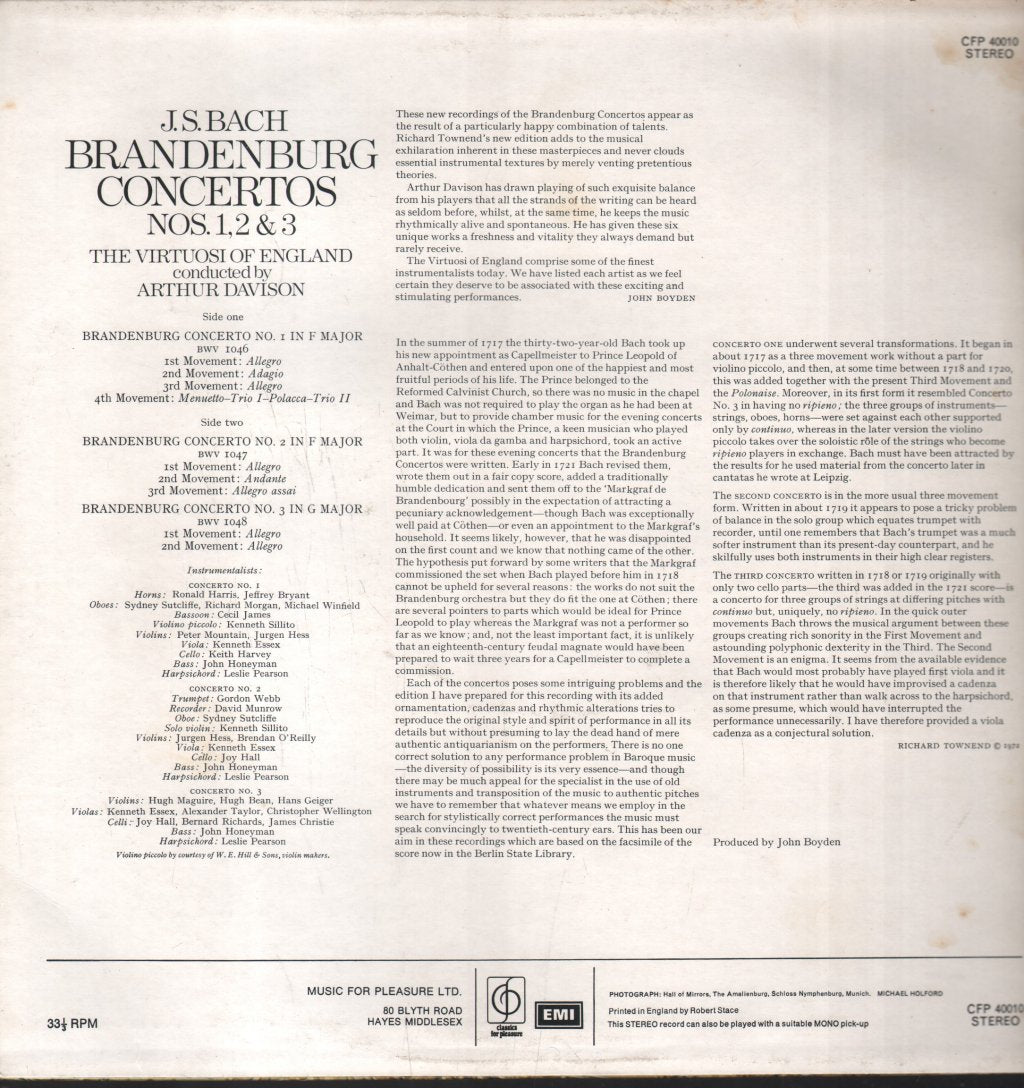 Arthur Davison / Virtuosi Of England - Bach - Brandenburg Concertos - Lp