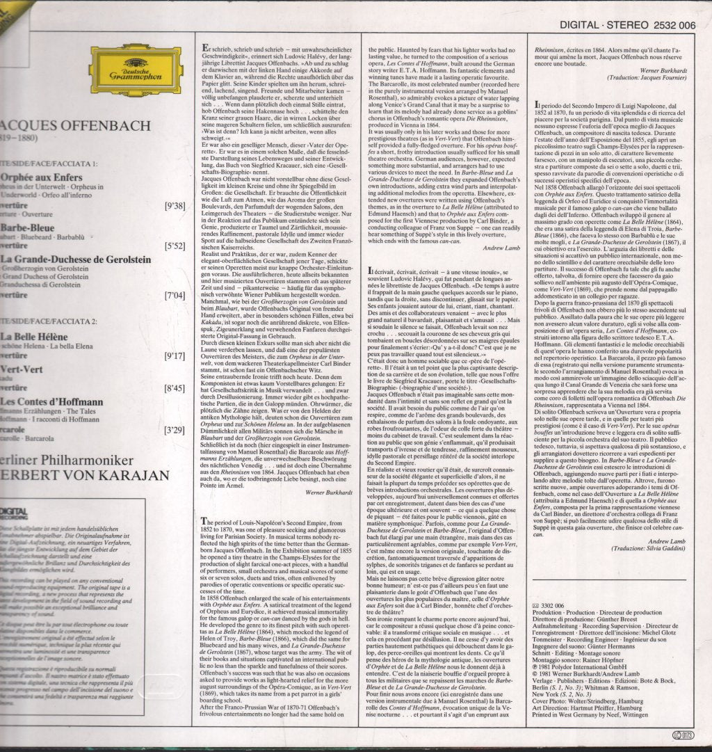 Herbert Von Karajan / Berliner Philharmoniker - Jacques Offenbach Ouverturen - Lp
