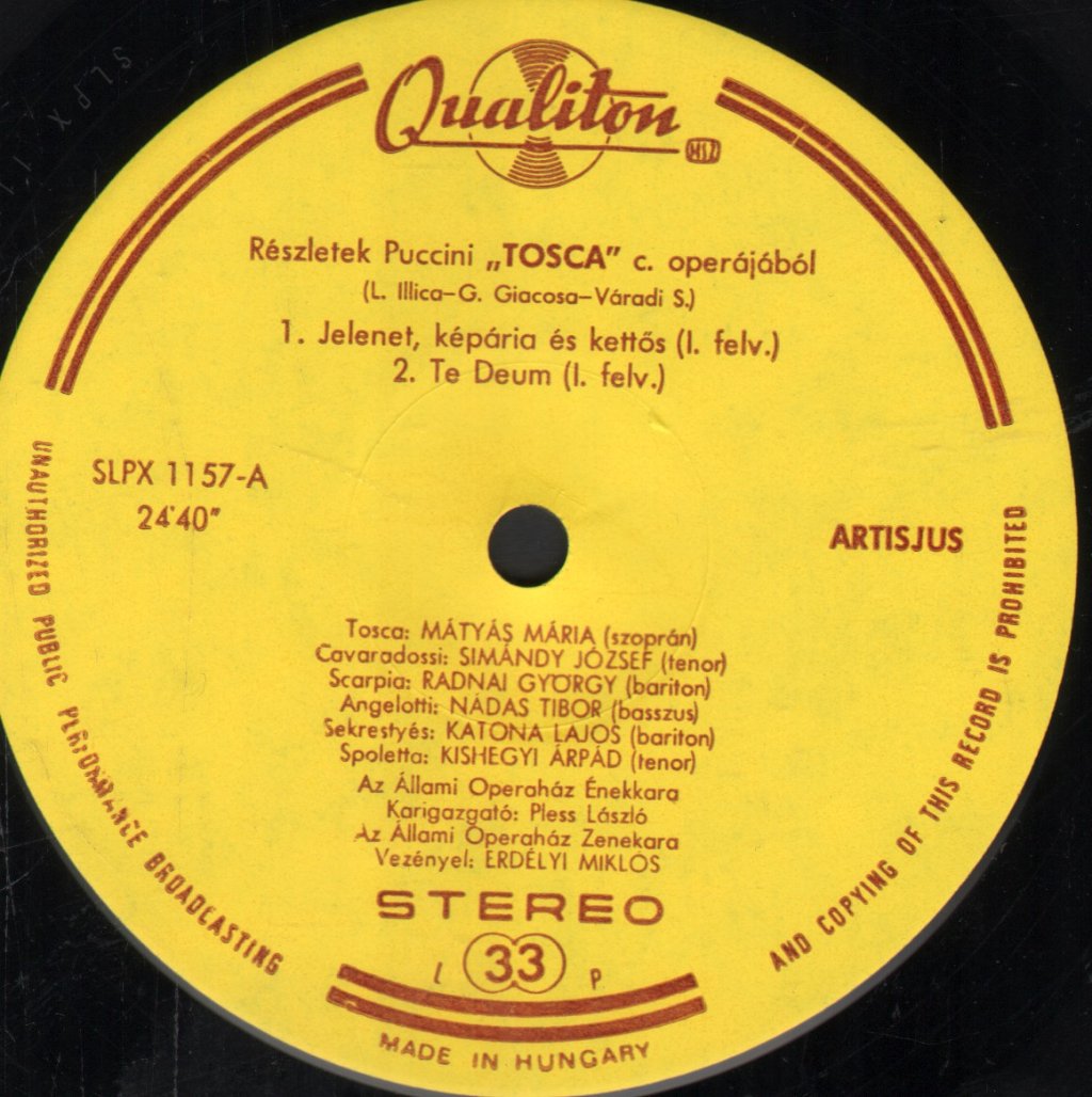Maria Matyas / Jozsef Simandy / Chorus & Orchestra of the Hungarian State Opera - Puccini - Tosca Excerpts - Lp