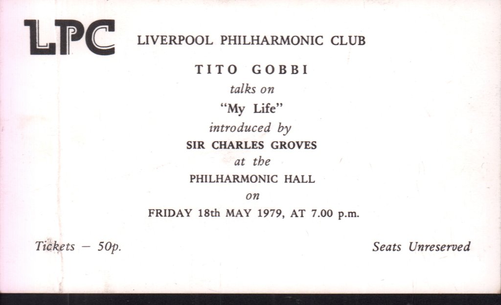 Tito Gobbi - philharmonic hall friday 18th may 1979 - Ticket