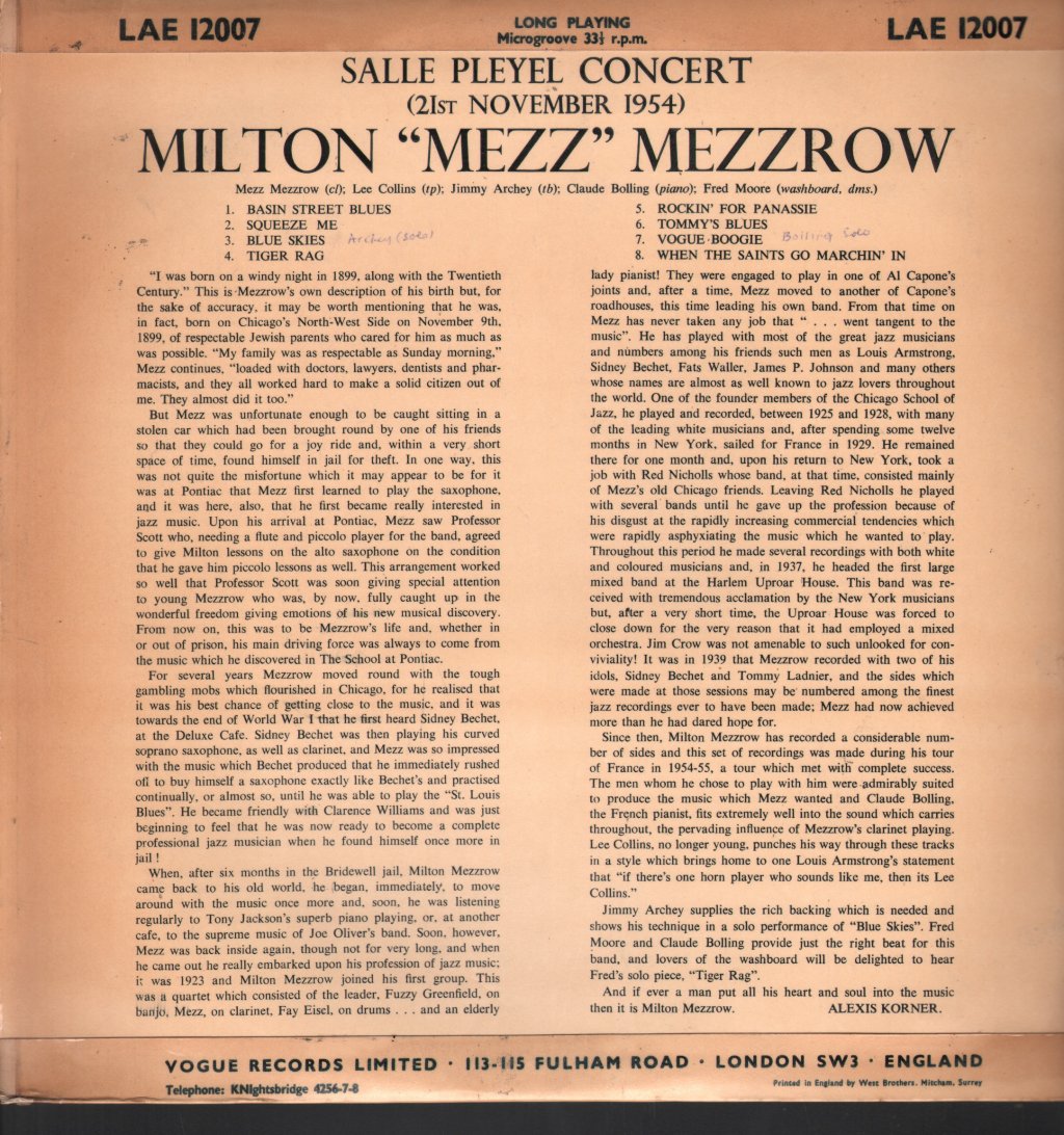 Mezz Mezzrow - Pleyel Concert - Lp