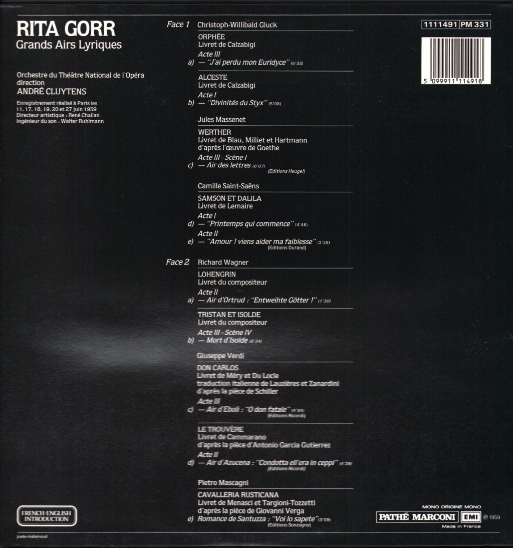 Rita Gorr / Orchestre Du Theatre National De L'Opera / Andre Cluytens - Grands Airs Lyriques - Lp