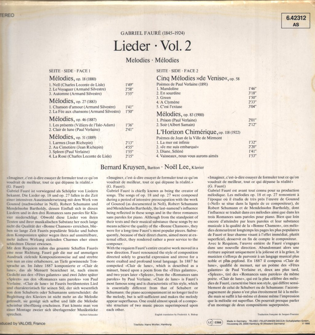 Bernard Kruysen / Noel Lee - Faure - Lieder Vol.2 - Melodies - Lp