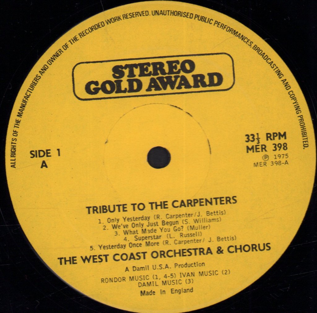 West Coast Orchestra And Chorus - Tribute To The Carpenters - Lp