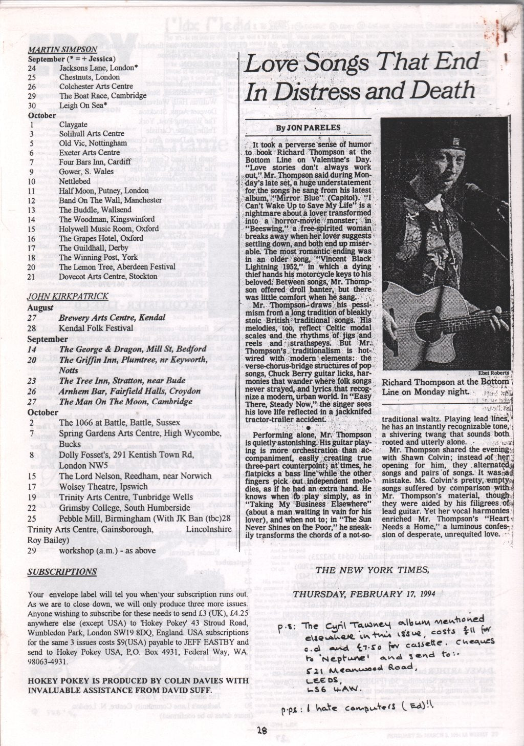 Richard Thompson - Hokey Pokey 33 - Aug 94 - Fanzine