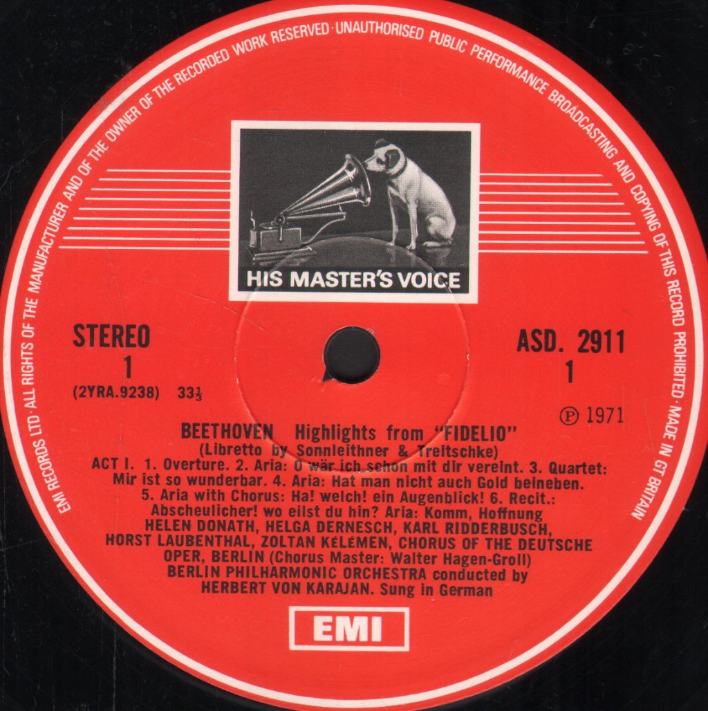 Helga Dernesch / Jon Vickers / Karl Ridderbusch / Herbert Von Karajan - Beethoven - Fidelio Highlights - Lp