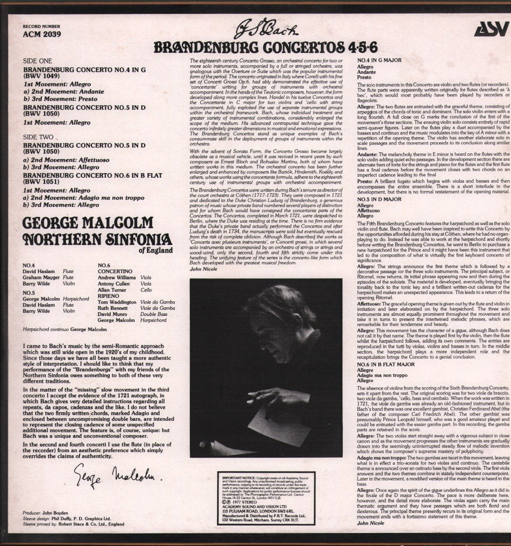 George Malcolm / Northern Sinfonia Of England - J.S. Bach - Complete Brandenburg Concertos - Double Lp