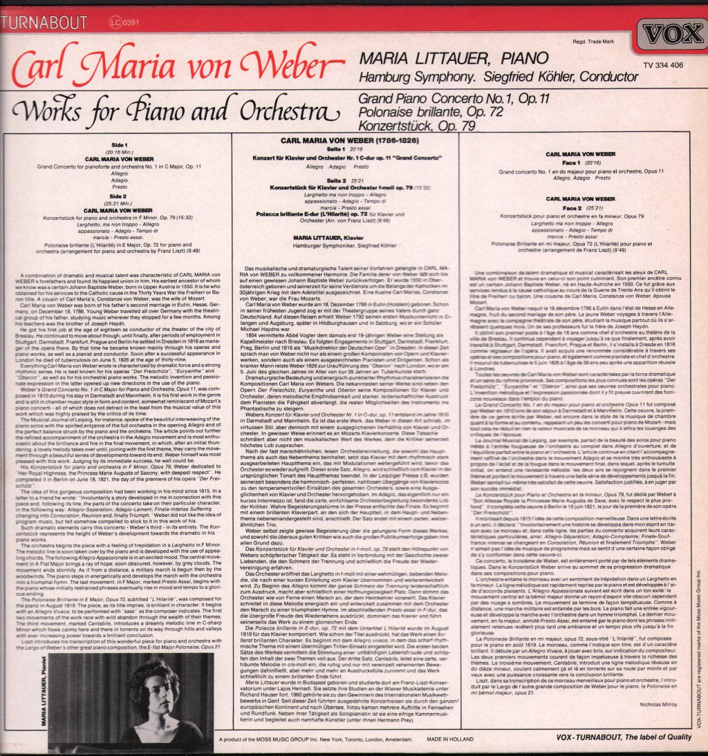 Maria Littauer / Hamburg Symphony / Siegfried Kohler - Carl Maria  von Weber - Works For Piano And Orchestra - Lp