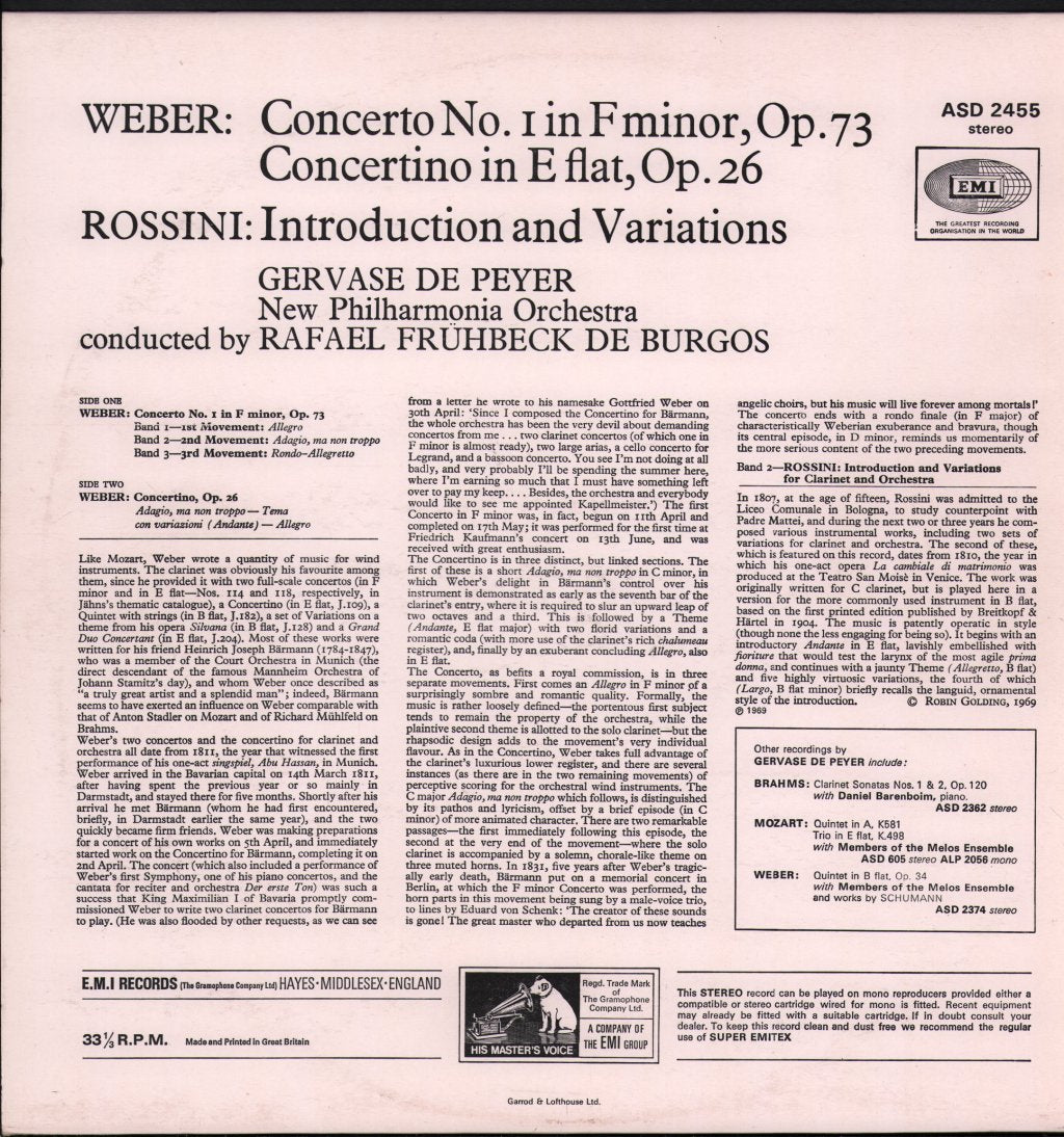 Gervase De Peyer / Rafael Fruhbeck De Burgos - Weber - Concerto No.1 In F Minor,Op.73 - Lp