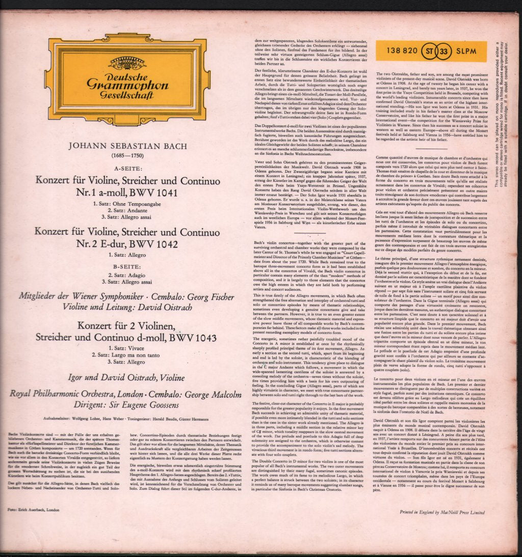 David And Igor Oistrakh - Bach Violin Concertos In A / Double Violin Concerto - Lp