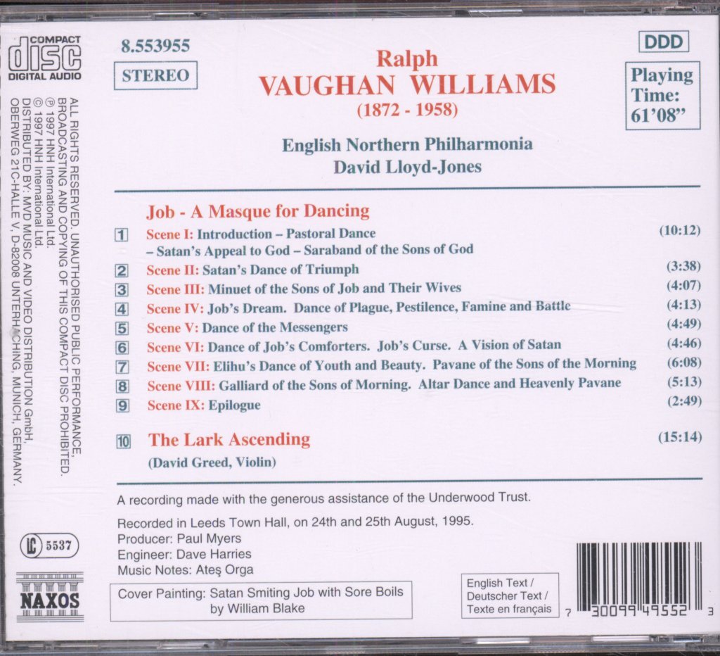 English Northern Philharmonia, David Lloyd-Jones - Vaughan Williams - Job - A Masque For Dancing / The Lark Ascending - Cd
