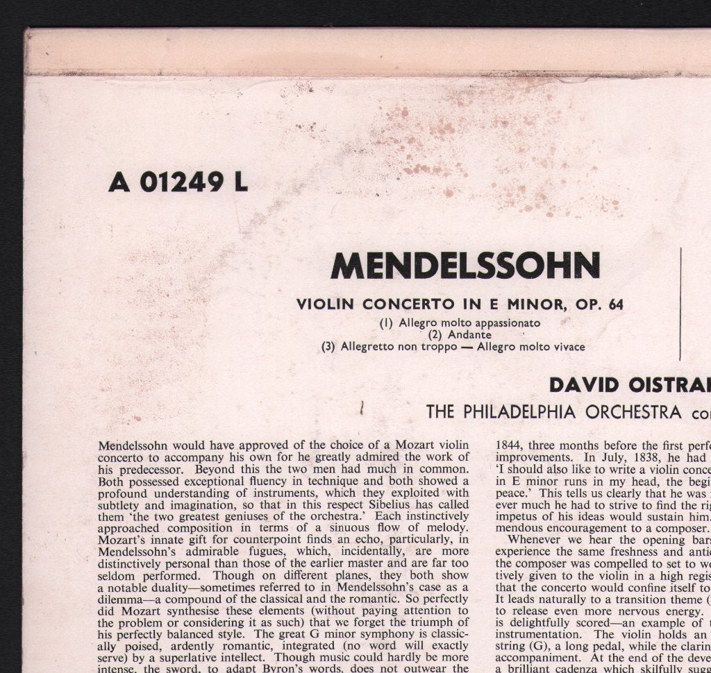 David Oistrakh / Eugene Ormandy / Philadelphia Orchestra - Mendelssohn - Violin Concerto In E Minor, Op. 64 / Mozart - Violin Concerto No. 4 In D, K. 218 - Lp