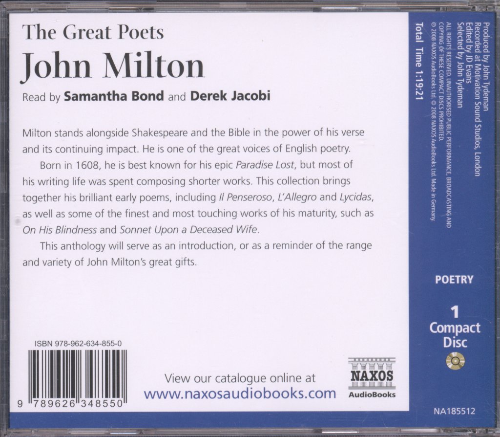 Samantha Bond / Derek Jacobi - Samantha Bond / Derek Jacobi Great Poets John Milton - Cd