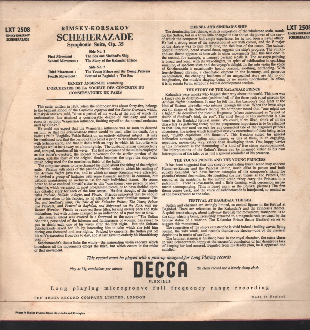 Ernest Ansermet / L'Orchestre De La Societe Des Concerts Du Conservatoire De Paris - Rimsky-Korsakov - Scheherazade - Lp