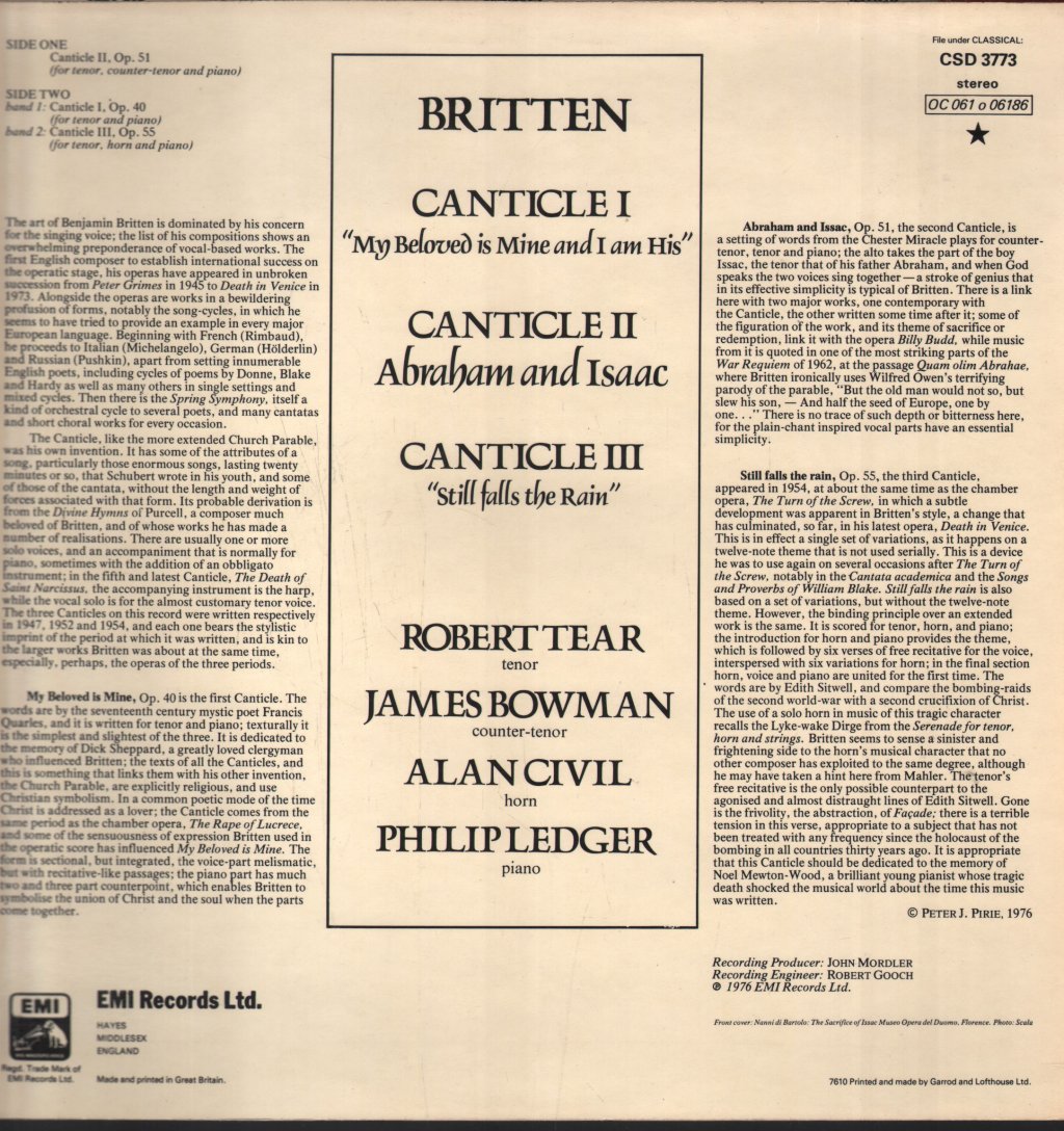 Robert Tear / James Bowman / Alan Civil / Philip Ledger - Britten - Canticles - Lp