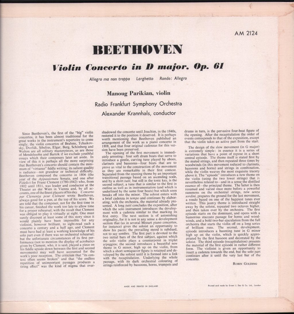 Manoug Parikian / Radio Frankfurt Symphony Orchestra / Alexander Krannhals - Beethoven - Violin Concerto - Lp