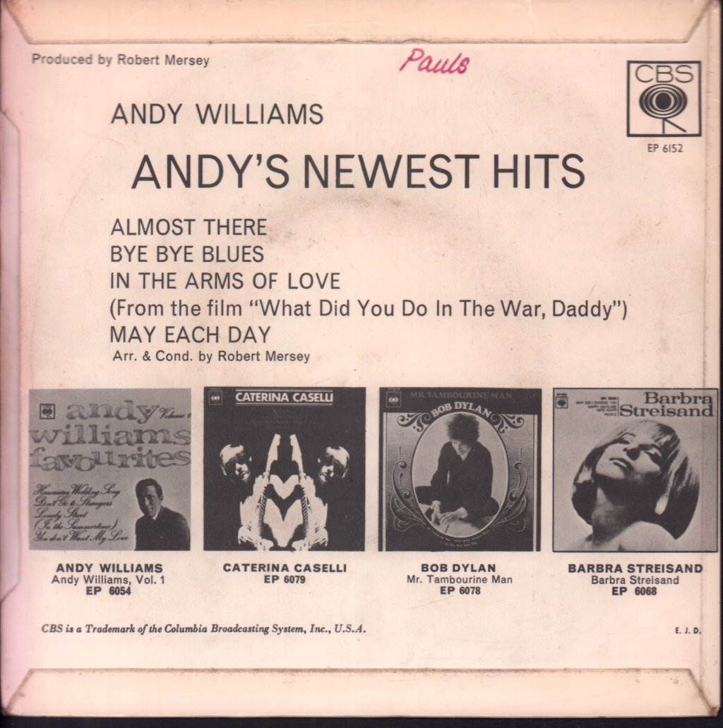 Andy Williams - Andy's Newest Hits - 7 Inch