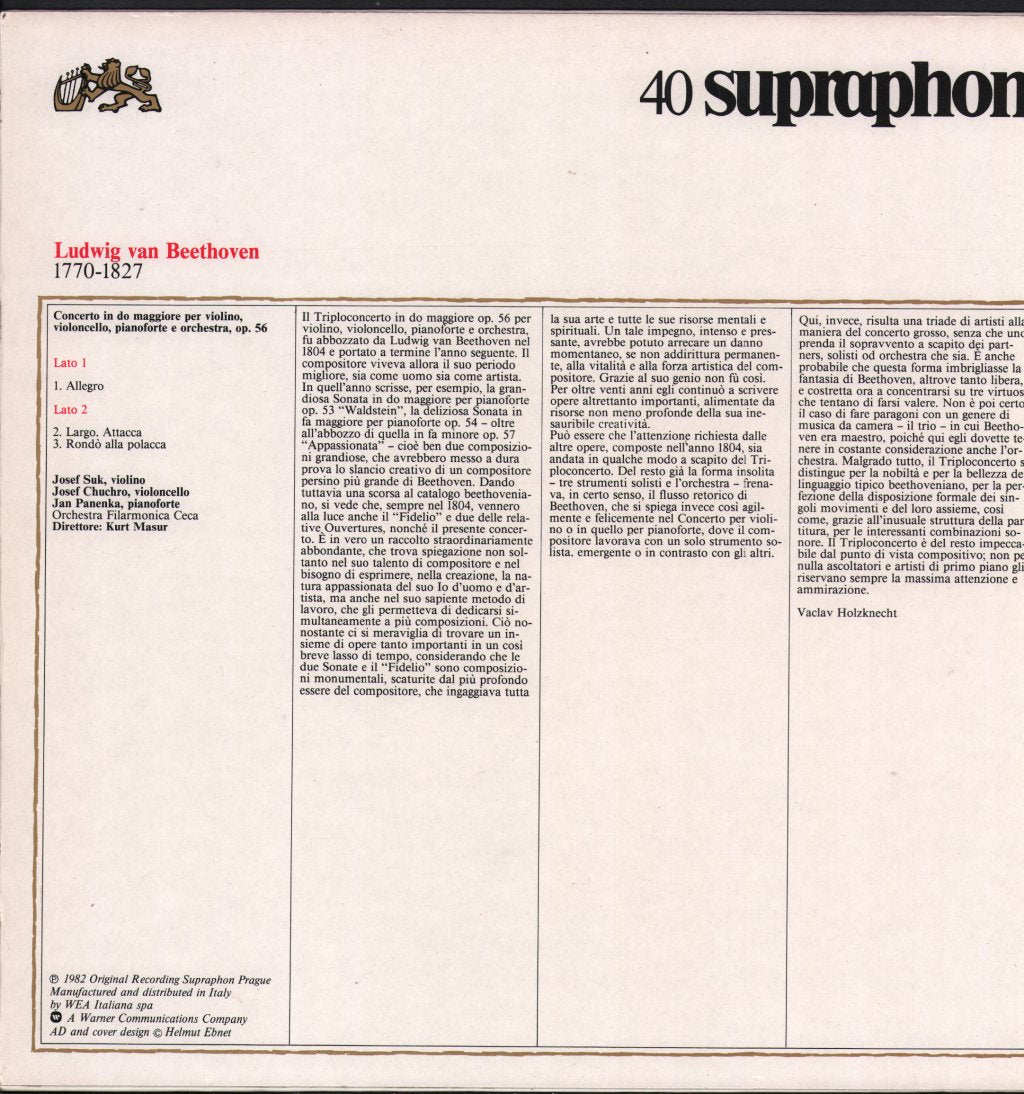 Josef Suk / Josef Chuchro / Jan Panenka / Orchestra Filarmonica / Kurt Masur - Beethoven - Concerto per Violino, Violoncello, Pianoforte e Orchestra op.56 - Lp