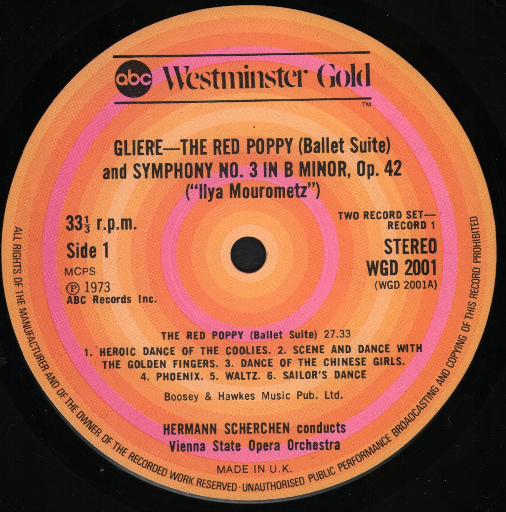 Vienna State Opera Orchestra / Hermann Scherchen - Gliere  - "Ilya Mourometz" Symphony No. 3 In B, Opus 42 / Red Poppy Ballet - Double Lp