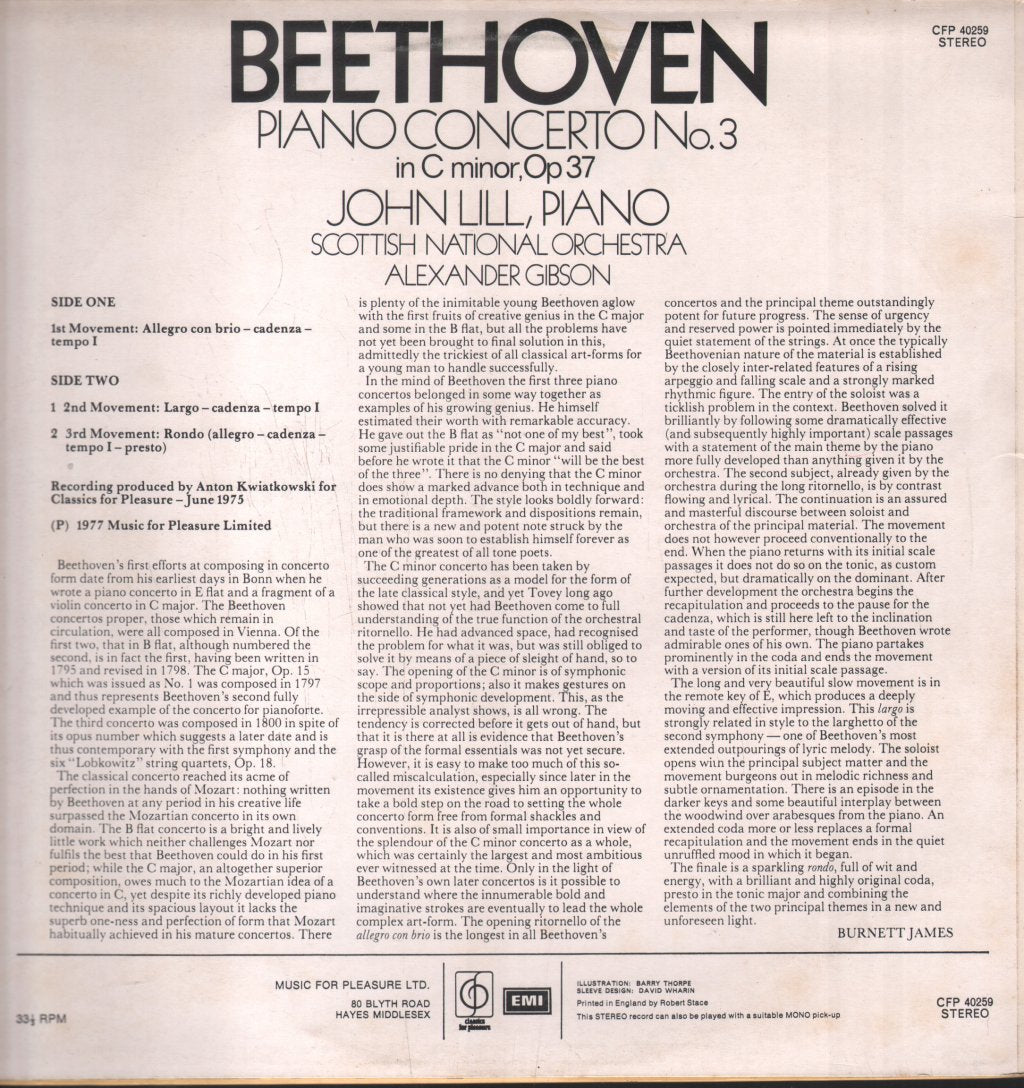John Lill / Alexander Gibson / Scottish National Orchestra - Beethoven - Piano Concerto No. 3 - Lp