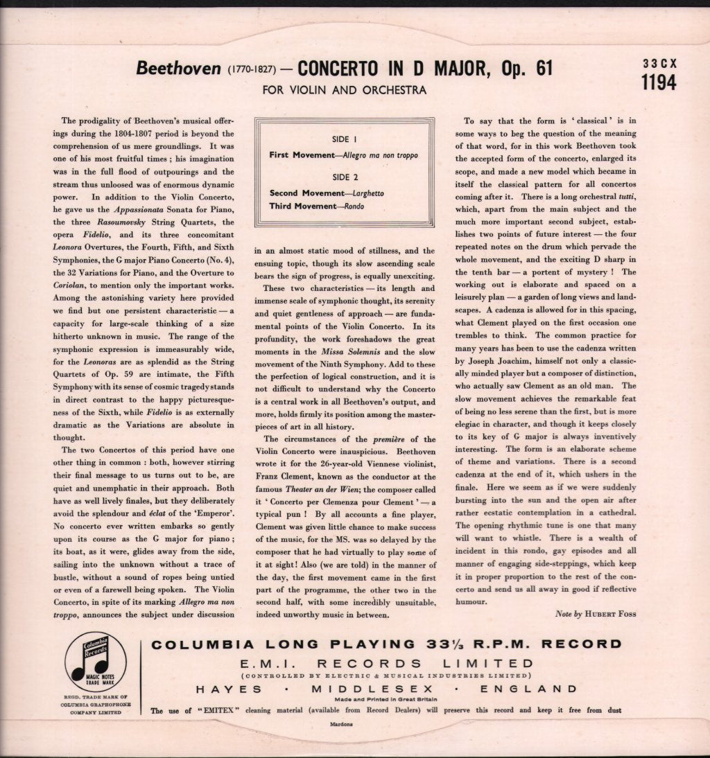 David Oistrakh / Stockholm Festival Orchestra / Sixten Ehrling - Beethoven Violin Concerto - Lp