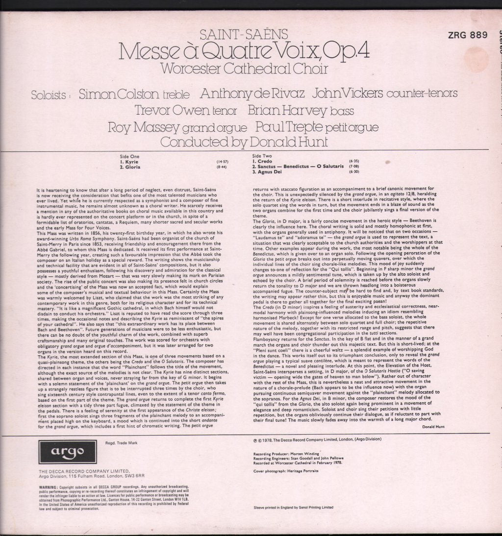 Roy Massey / Worcester Cathedral Choir / Donald Hunt - Saint-Saens - Messe a Quatre Voix, Op.4 - Lp