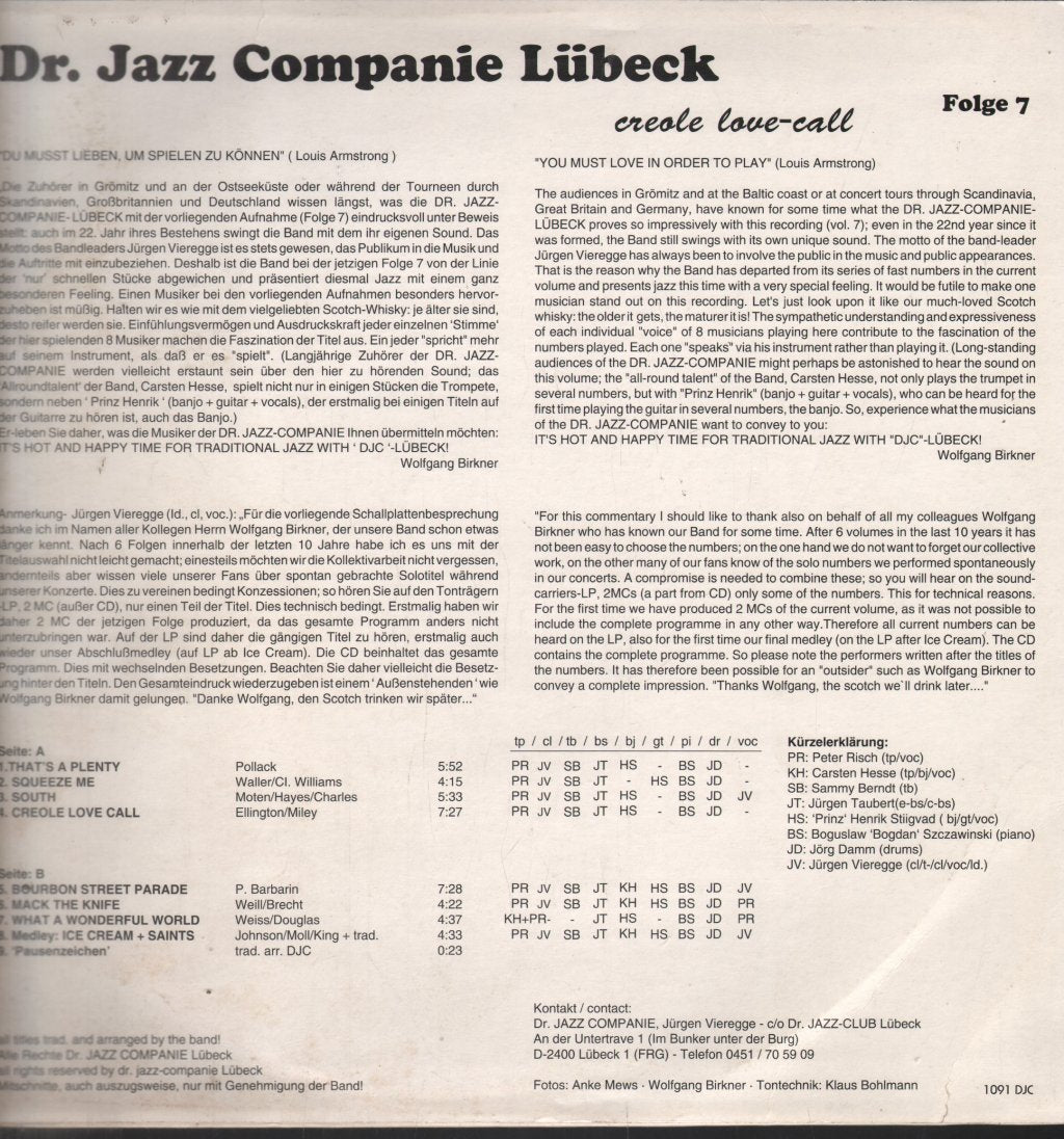 Dr. Jazz Companie Lubeck - Creole Love Call - Lp