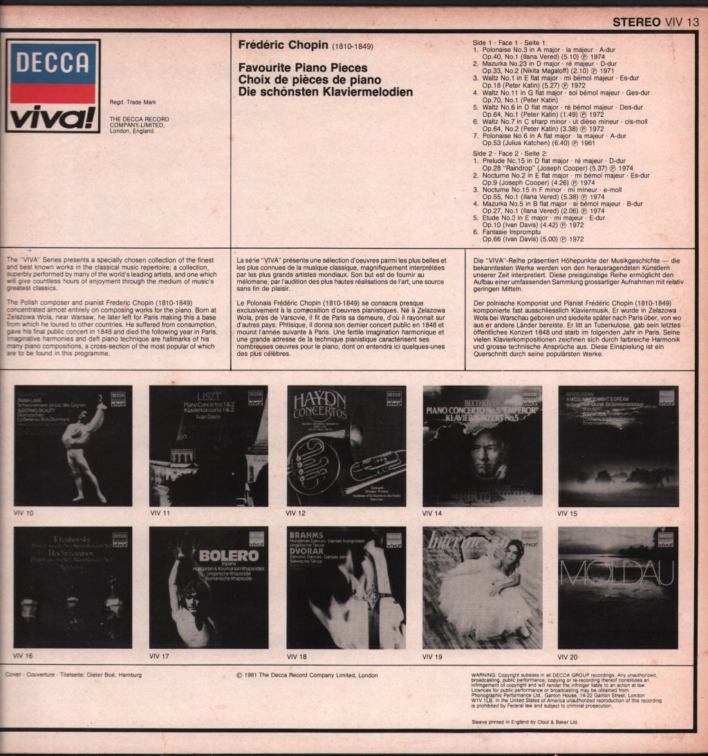 Various Artists - Chopin Favourite Piano Pieces - Lp