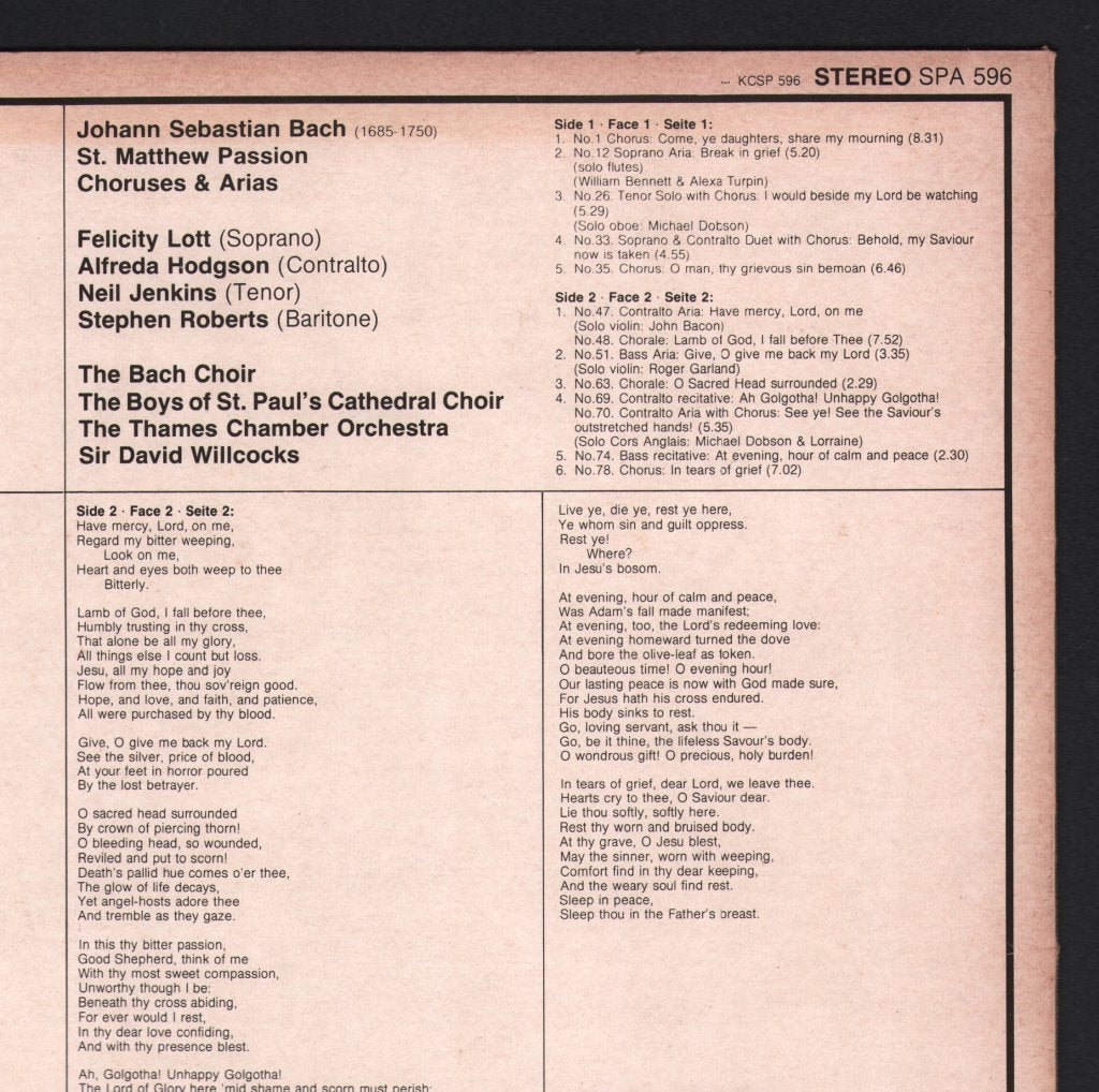Felicity Lott / Alfreda Hodgson / Neil Jenkins / Bach Choir / Thames Chamber Orchestra / Sir David Willcocks - J.S. Bach - St. Matthew Passion - Choruses & Arias - Lp
