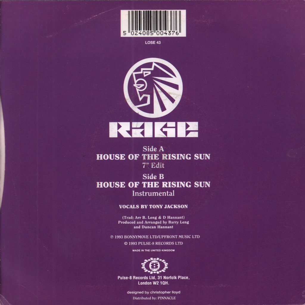 Rage (90'S Dance Artist) - House Of The Rising Sun - 7 Inch