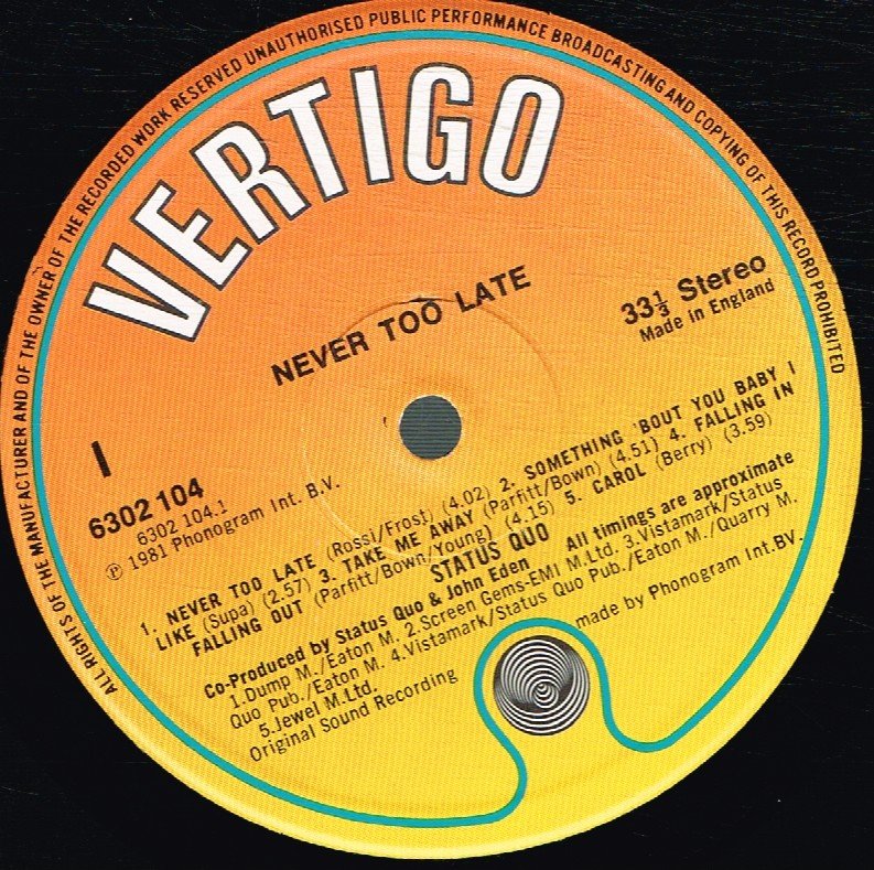 Status Quo - Never Too Late - Lp
