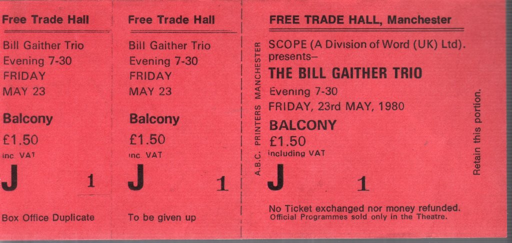 Bill Gaither Trio - Free Trade Hall Manchester 23Rd May 1980 - Ticket