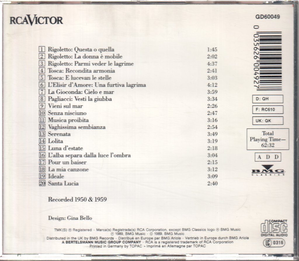 Mario Lanza - Great Caruso And Other Caruso Favorites - Cd