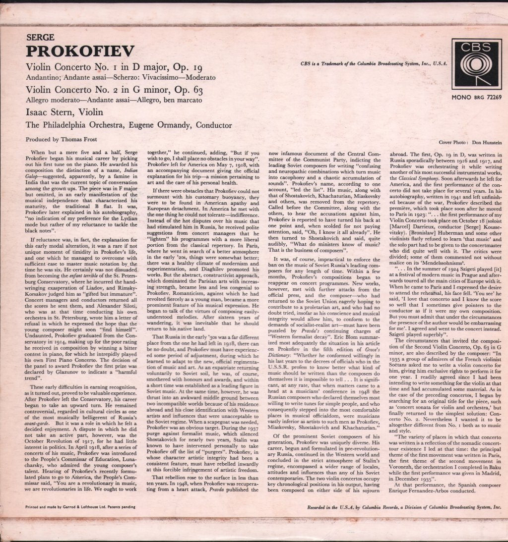 Isaac Stern / Eugene Ormandy / Philadelphia Orchestra - Prokofiev - Violin Concertos - No. 1 In D Major / No. 2 In G Minor - Lp