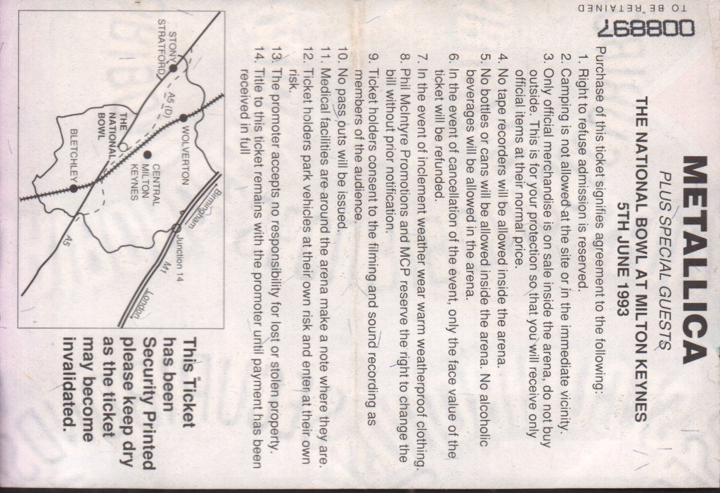 Metallica - national bowl milton keynes 5th june 1993 - Ticket