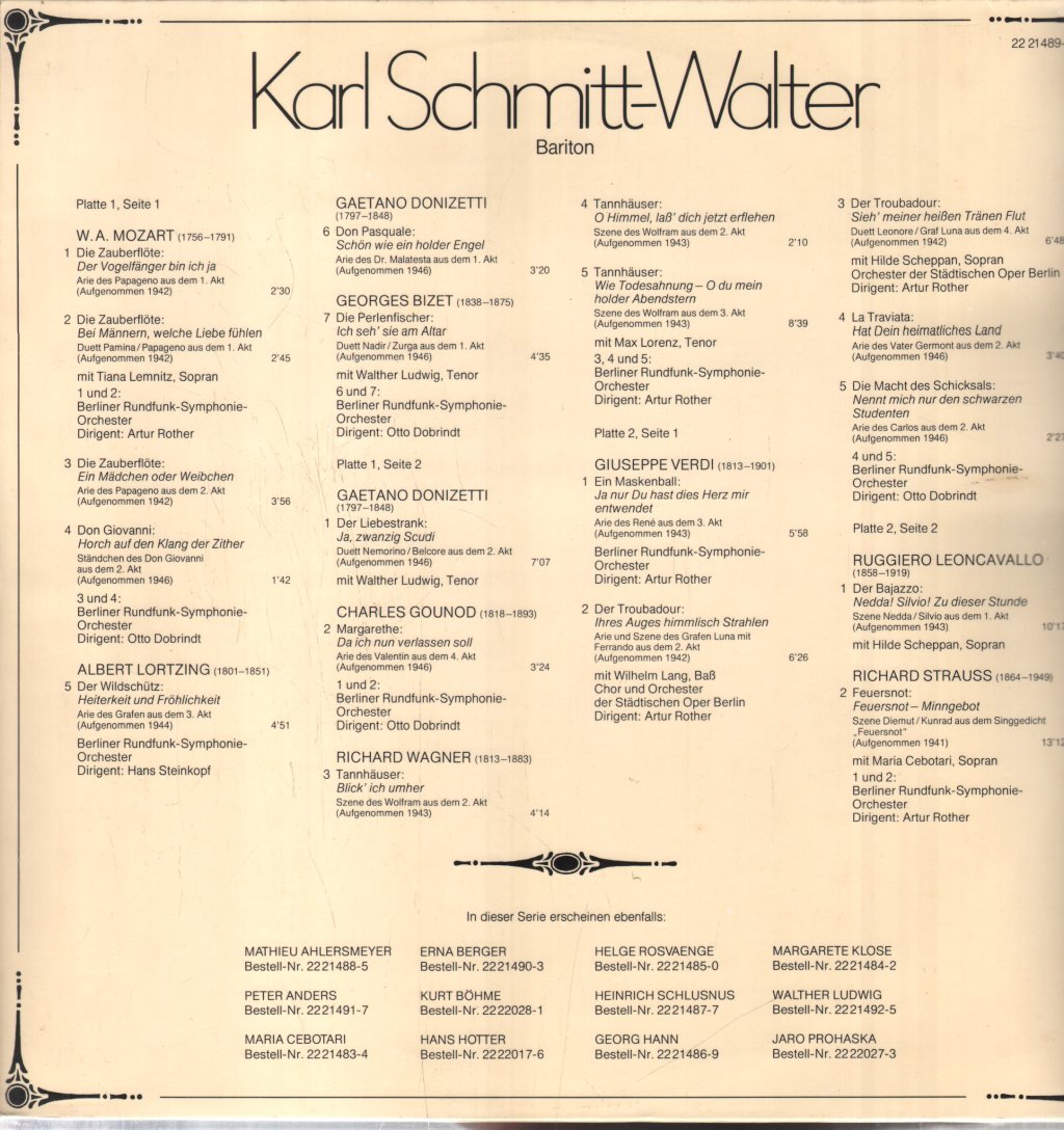Karl Schmitt-Walter - Historische Aufnahmen Aus Den Jahren 1941-1946 - Double Lp