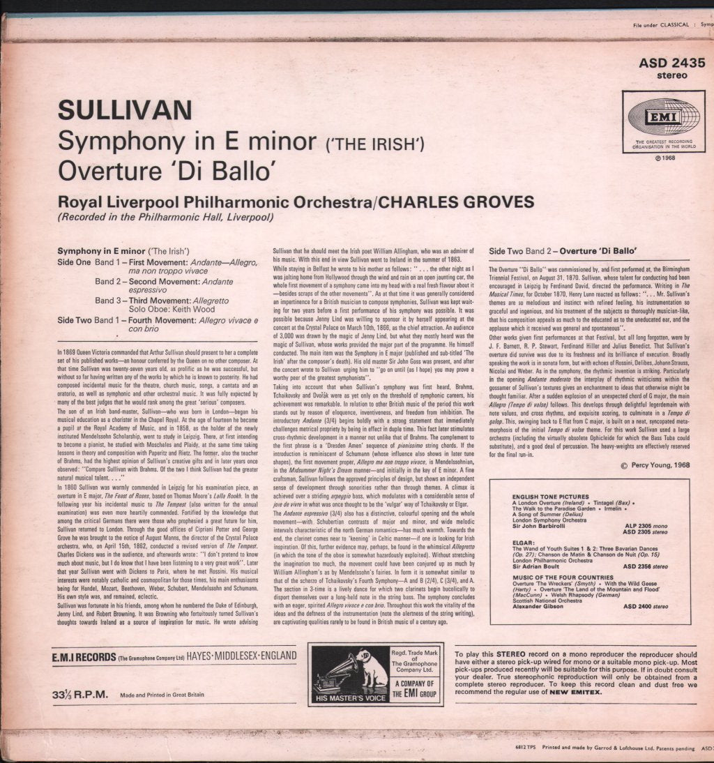 Charles Groves / Royal Liverpool Philharmonic Orchestra - Sullivan - Irish Symphony / Overture Di Ballo - Lp